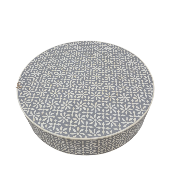WDN BONE INLAY ROUND GREY COFFEE TABLE WITH BRASS BASE | HANDMADE CENTER TABLE
