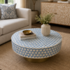 4 (3) HANDCRAFTED WDN BLUE BONE INLAY ROUND COFFEE TABLE WITH BRASS BASE | CENTRE TABLE