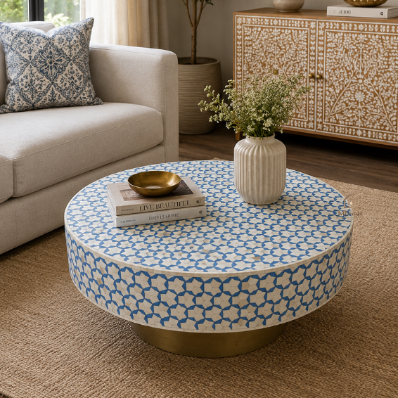 4 (3) HANDCRAFTED WDN BLUE BONE INLAY ROUND COFFEE TABLE WITH BRASS BASE | CENTRE TABLE