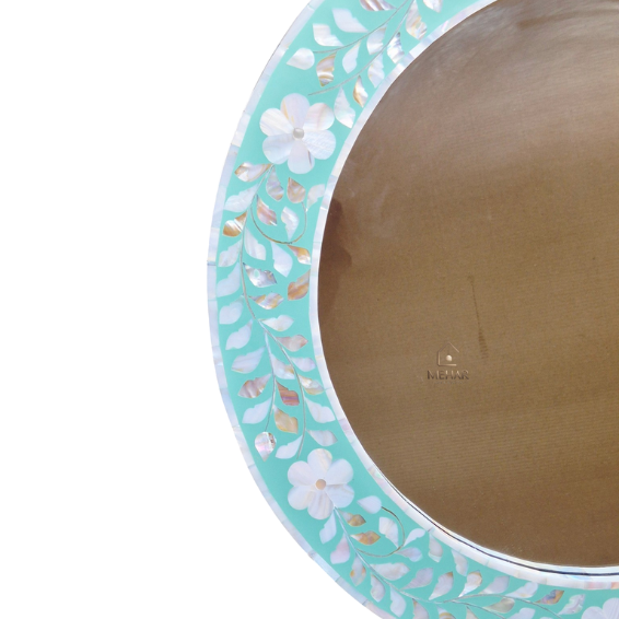 WDN Handcrafted Mother of Pearl Inlay Round Wall Mirror Frame – Floral Accent Mirror