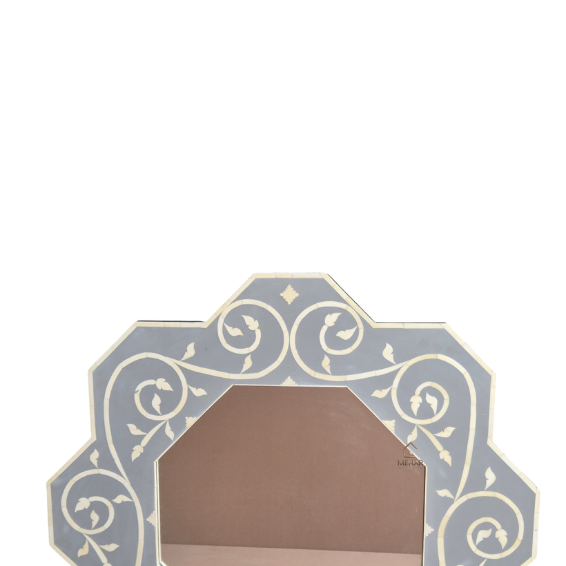 HANDCRAFTED WDN BONE INLAY FLORAL MIRROR FRAME | DECORATIVE GREY WALL MIRROR