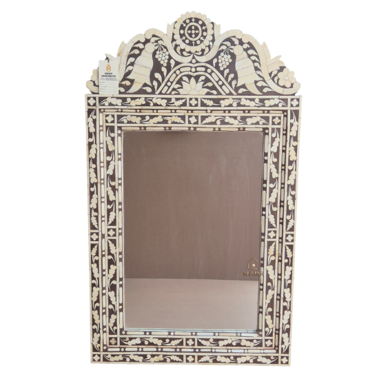 HANDCRAFTED WDN BONE INLAY FLORAL MIRROR FRAME | DECORATIVE BROWN MIRROR