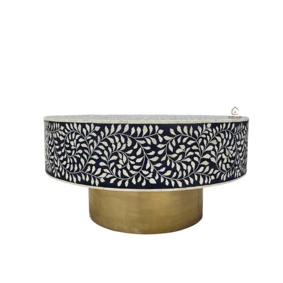 WDN BLACK FLORAL BONE INLAY ROUND COFFEE TABLE | HANDMADE CENTRE TABLE