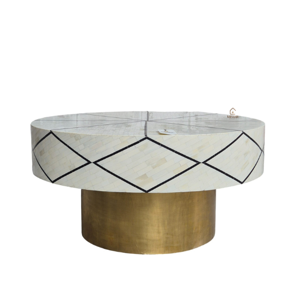 5 (2) HANDMADE WDN BONE INLAY ROUND COFFEE TABLE WITH BRASS BASE | MODERN CENTRE TABLE
