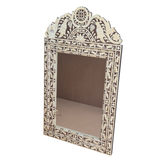 HANDCRAFTED WDN BONE INLAY FLORAL MIRROR FRAME | DECORATIVE BROWN MIRROR