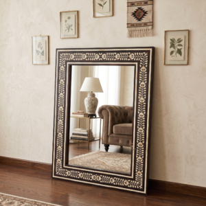 HANDCRAFTED WOODEN BONE INLAY FLORAL WALL MIRROR FRAME | DECORATIVE WALL MIRROR