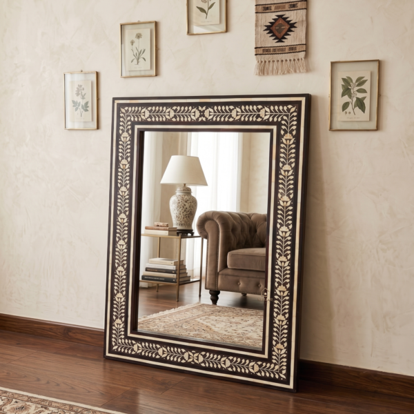 5 HANDCRAFTED WOODEN BONE INLAY FLORAL WALL MIRROR FRAME | DECORATIVE WALL MIRROR