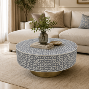 5 WDN BONE INLAY ROUND GREY COFFEE TABLE WITH BRASS BASE | HANDMADE CENTER TABLE