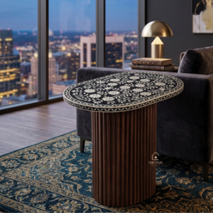 WDN BONE INLAY FLORAL SIDE TABLE IN BLACK FINISH