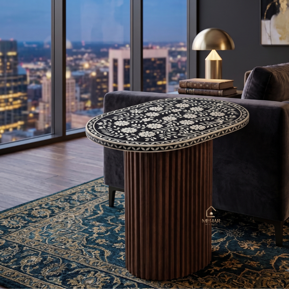 6 WDN BONE INLAY FLORAL SIDE TABLE IN BLACK FINISH