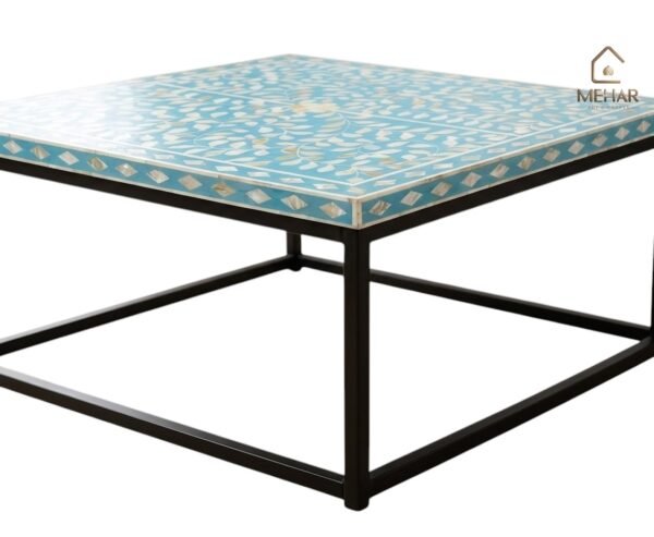 WDN MOTHER OF PEARL INALY FLORAL TABLE IN SKY BLUE WITH BLACK