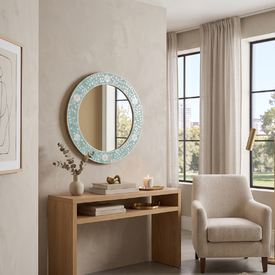 WDN Handcrafted Mother of Pearl Inlay Round Wall Mirror Frame – Floral Accent Mirror