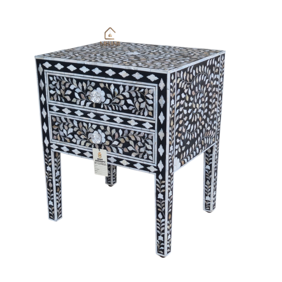 WDN MOTHER OF PEARL INLAY BEDSIDE TABLE - BLACK FLORAL NIGHTSTAND