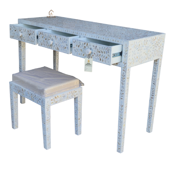 1 (2) WDN MOTHER OF PEARL INLAY VANITY SET | HANDMADE LUXURY DRESSING TABLE