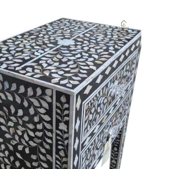 WDN MOTHER OF PEARL INLAY FLORAL BEDSIDE TABLE | HANDMADE LUXURY NIGHTSTAND