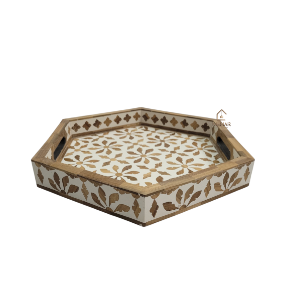 10 WDN TEAK INLAY SERVING TRAY SET OF 2 | HANDMADE FLORAL HEXAGON TRAYS