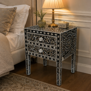 WDN MOTHER OF PEARL INLAY BEDSIDE TABLE - BLACK FLORAL NIGHTSTAND