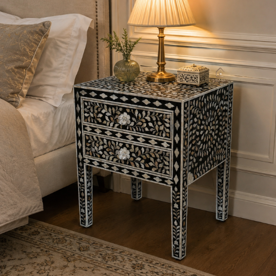 WDN MOTHER OF PEARL INLAY BEDSIDE TABLE - BLACK FLORAL NIGHTSTAND