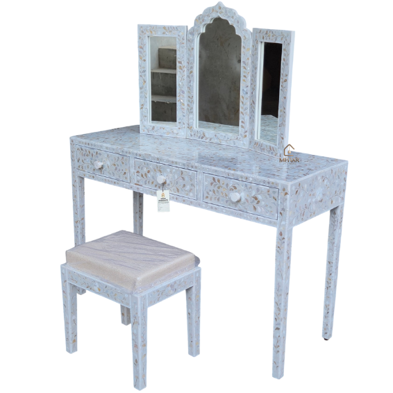 11 WDN MOTHER OF PEARL INLAY FLORAL GREY VANITY SET WITH MIRROR & STOOL | DRESSING TABLE
