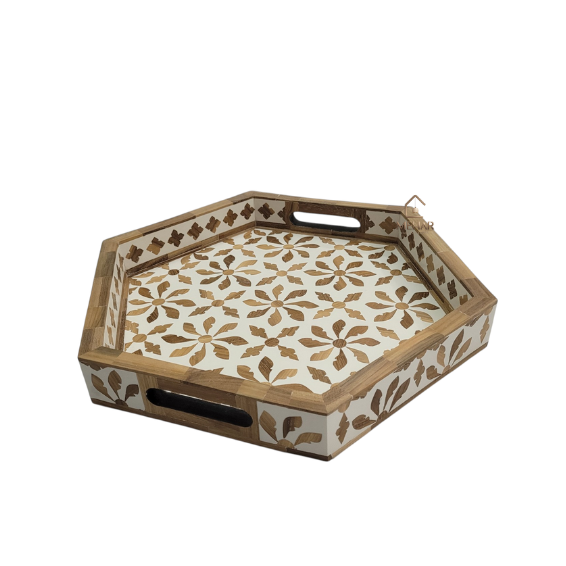 12 WDN TEAK INLAY SERVING TRAY SET OF 2 | HANDMADE FLORAL HEXAGON TRAYS