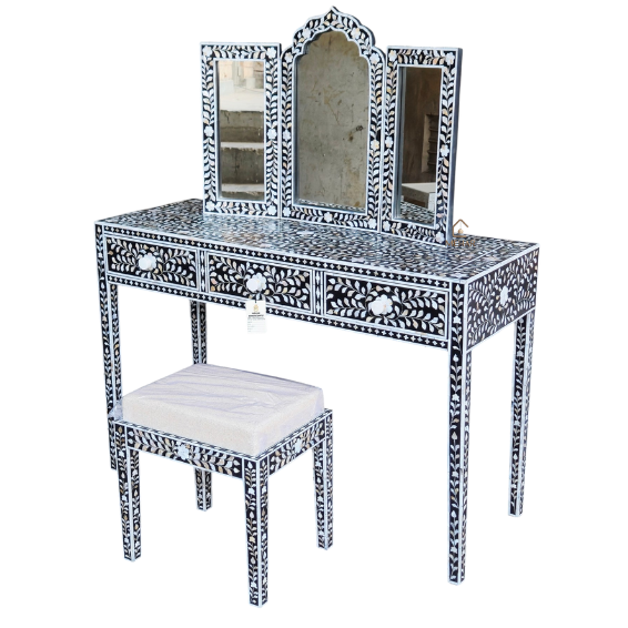 15 WDN BLACK MOTHER OF PEARL INLAY FLORAL VANITY SET | HANDMADE DRESSING TABLE