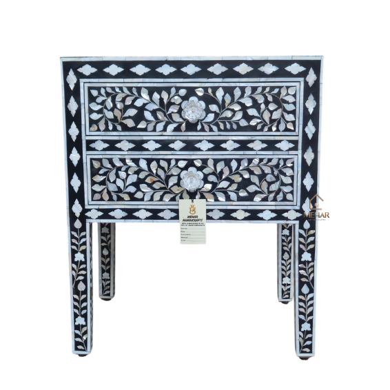 WDN MOTHER OF PEARL INLAY BEDSIDE TABLE - BLACK FLORAL NIGHTSTAND
