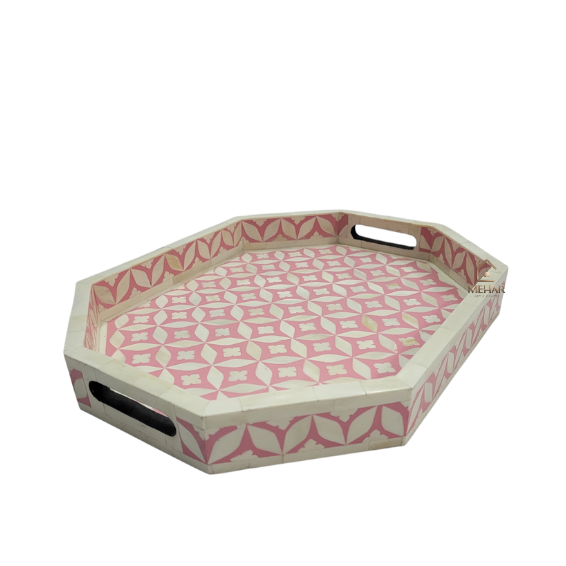 2 WDN BONE INLAY PINK SERVING TRAY SET | HANDMADE DECORATIVE TRAYS