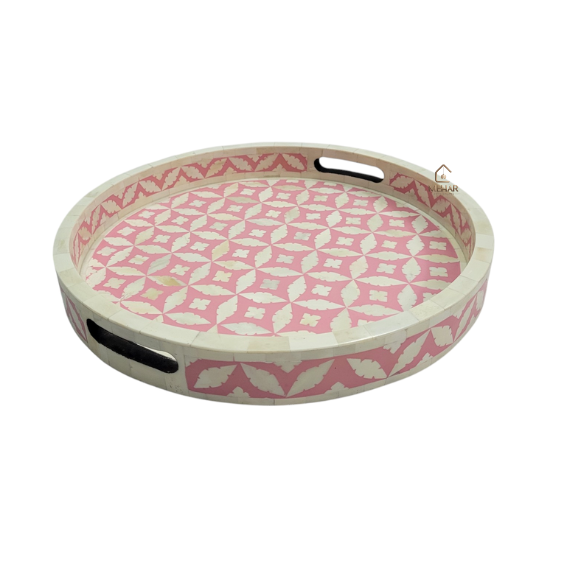 2 WDN BONE INLAY PINK ROUND SERVING TRAY SET | HANDMADE DECORATIVE TRAYS