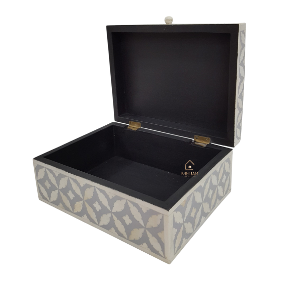 2 WDN BONE INLAY JEWELRY BOX | GREY & WHITE HANDMADE DECORATIVE STORAGE BOX