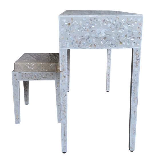 2 (2) WDN MOTHER OF PEARL INLAY FLORAL GREY VANITY SET WITH MIRROR & STOOL | DRESSING TABLE