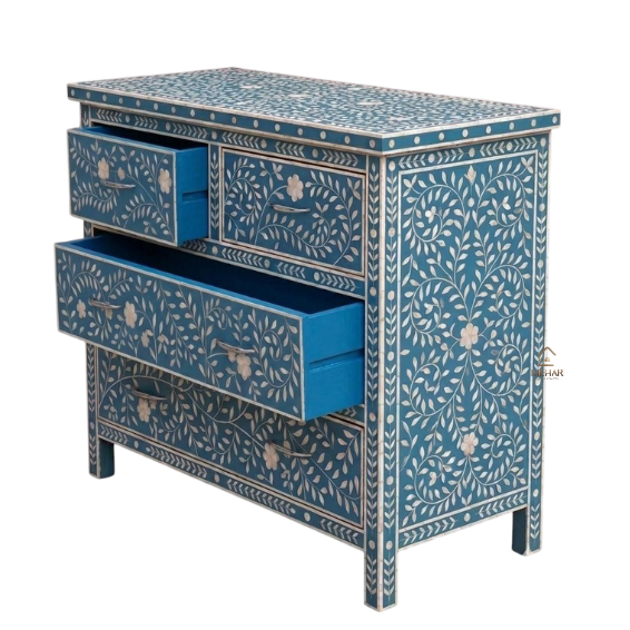 2 (3) WDN MOTHER OF PEARL INLAY FLORAL BLUE CHEST OF DRAWERS | HANDMADE STORAGE CABINET