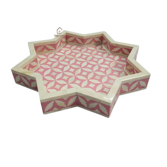 2 WDN PINK BONE INLAY SERVING TRAY SET OF 2 | HANDMADE DECORATIVE STAR-SHAPED TRAYS