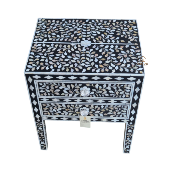 WDN MOTHER OF PEARL INLAY BEDSIDE TABLE - BLACK FLORAL NIGHTSTAND