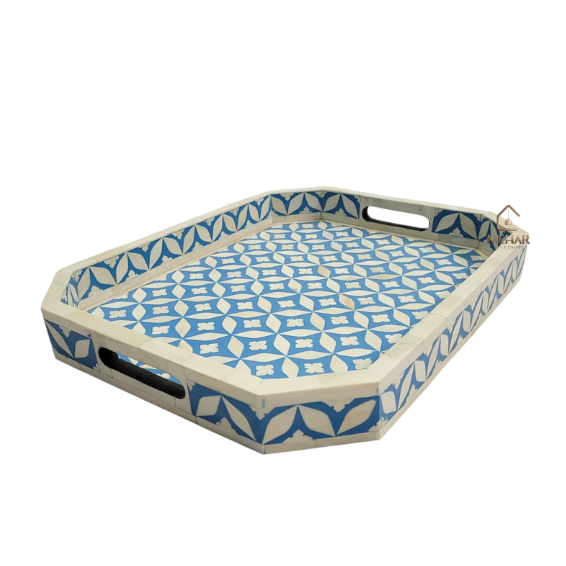 3 WDN BONE INLAY BLUE SERVING TRAY SET | HANDMADE DECORATIVE TRAYS