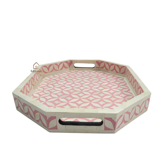 3 WDN BONE INLAY PINK SERVING TRAY SET | HANDMADE DECORATIVE TRAYS