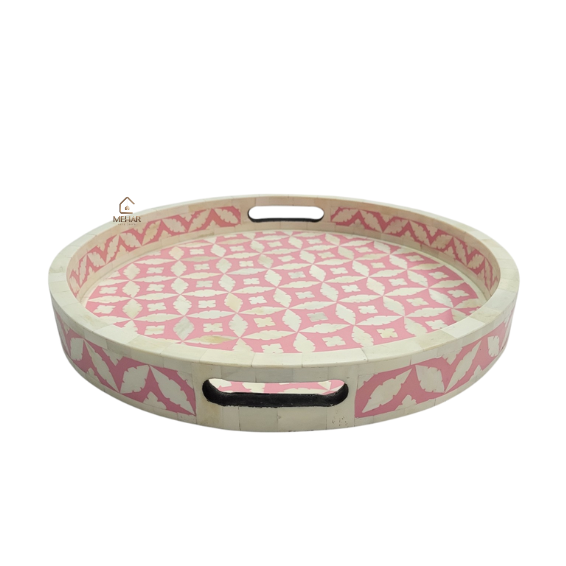 3 WDN BONE INLAY PINK ROUND SERVING TRAY SET | HANDMADE DECORATIVE TRAYS