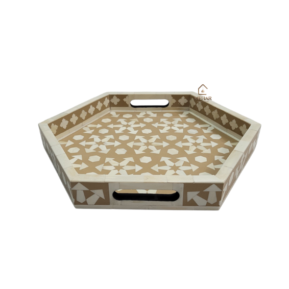 3 WDN BONE INLAY SERVING TRAY SET OF 2 | HANDMADE DECORATIVE HEXAGON TRAYS