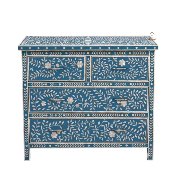 3 (2) WDN MOTHER OF PEARL INLAY FLORAL BLUE CHEST OF DRAWERS | HANDMADE STORAGE CABINET