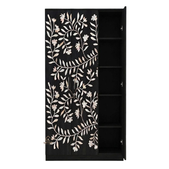 WDN HANDCRAFTED MOTHER OF PEARL INLAY FLORAL WARDROBE | LUXURY STORAGE CABINET