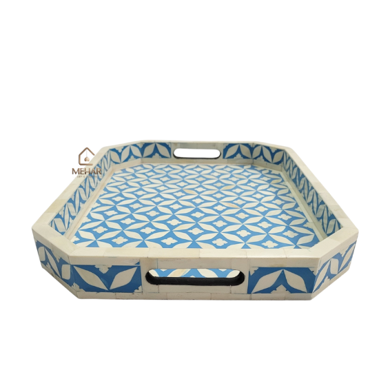 4 WDN BONE INLAY BLUE SERVING TRAY SET | HANDMADE DECORATIVE TRAYS