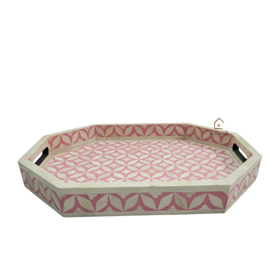 4 WDN BONE INLAY PINK SERVING TRAY SET | HANDMADE DECORATIVE TRAYS