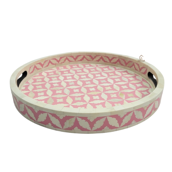 4 WDN BONE INLAY PINK ROUND SERVING TRAY SET | HANDMADE DECORATIVE TRAYS