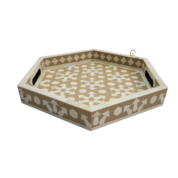 4 WDN BONE INLAY SERVING TRAY SET OF 2 | HANDMADE DECORATIVE HEXAGON TRAYS