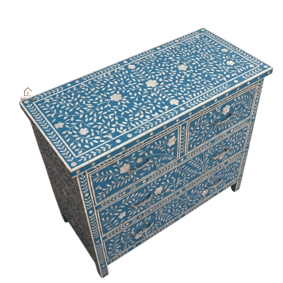 4 (2) WDN MOTHER OF PEARL INLAY FLORAL BLUE CHEST OF DRAWERS | HANDMADE STORAGE CABINET