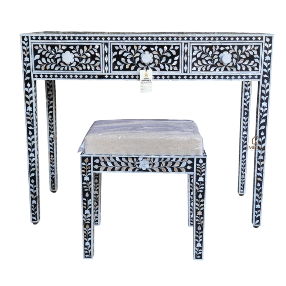 4 (2) WDN BLACK MOTHER OF PEARL INLAY FLORAL VANITY SET | HANDMADE DRESSING TABLE