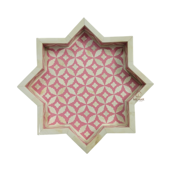4 WDN PINK BONE INLAY SERVING TRAY SET OF 2 | HANDMADE DECORATIVE STAR-SHAPED TRAYS
