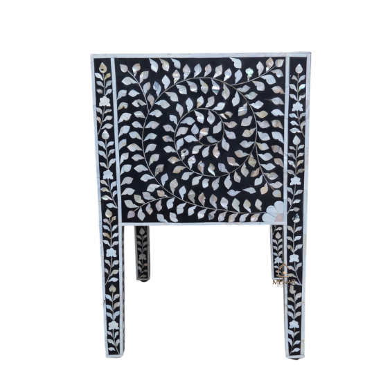 WDN MOTHER OF PEARL INLAY BEDSIDE TABLE - BLACK FLORAL NIGHTSTAND