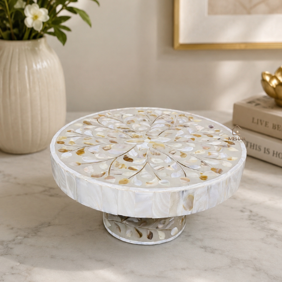 MOTHER OF PEARL INLAY CAKE STAND - HANDMADE FLORAL DESSERT STAND FOR HOME DECOR