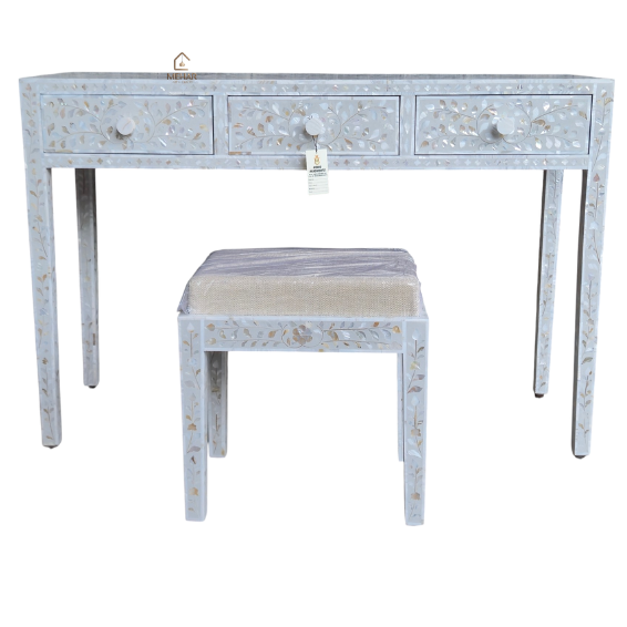 5 WDN MOTHER OF PEARL INLAY FLORAL GREY VANITY SET WITH MIRROR & STOOL | DRESSING TABLE