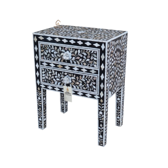 WDN MOTHER OF PEARL INLAY FLORAL BEDSIDE TABLE | HANDMADE LUXURY NIGHTSTAND